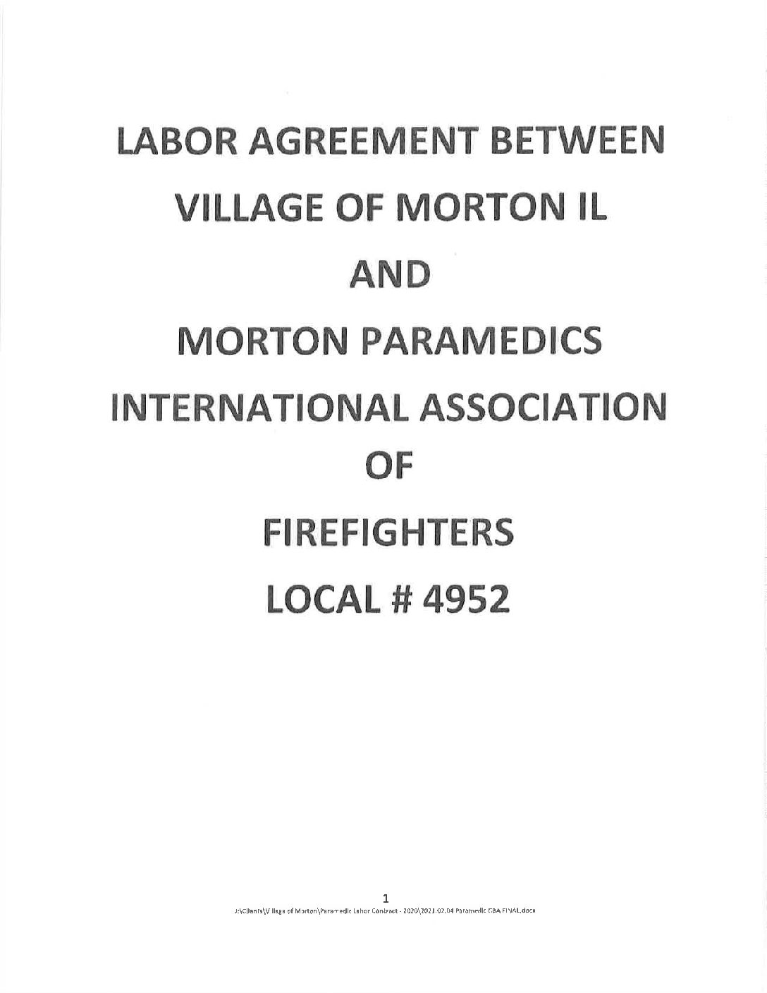 Paramedic Contract May 1, 2020 April 30, 2025 Village of Morton