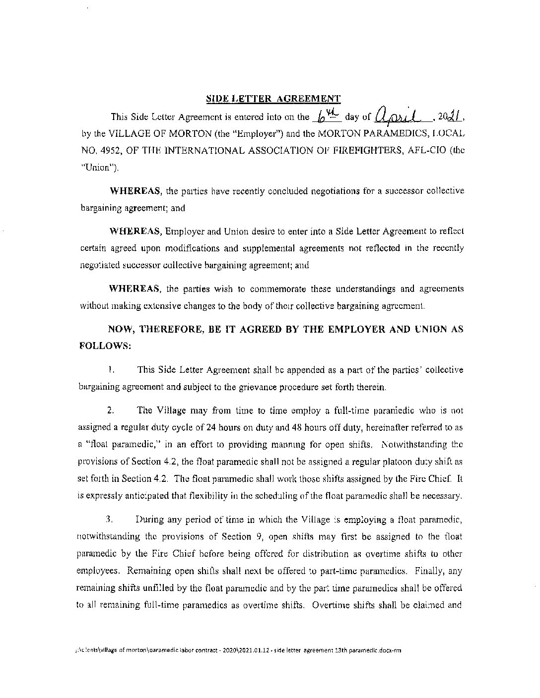 Side Letter Agreeement #1 04-06-2021 - Village of Morton | Morton Illinois