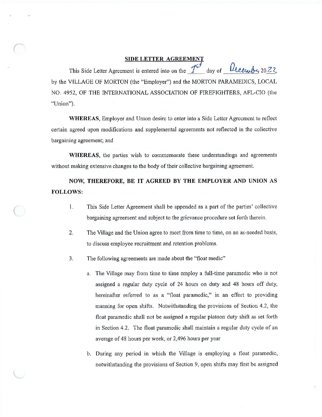 Side Letter Agreement 12-01-2022 - Village of Morton | Morton Illinois