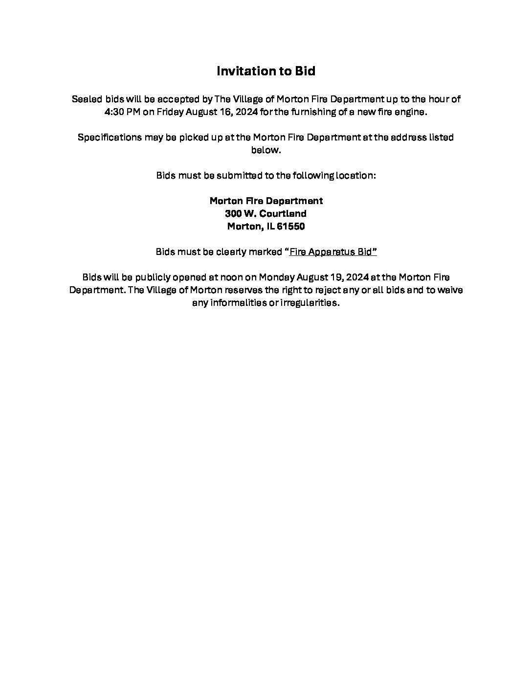 Invitation to Bid Fire Engine 8.16.2024 - Village of Morton | Morton ...